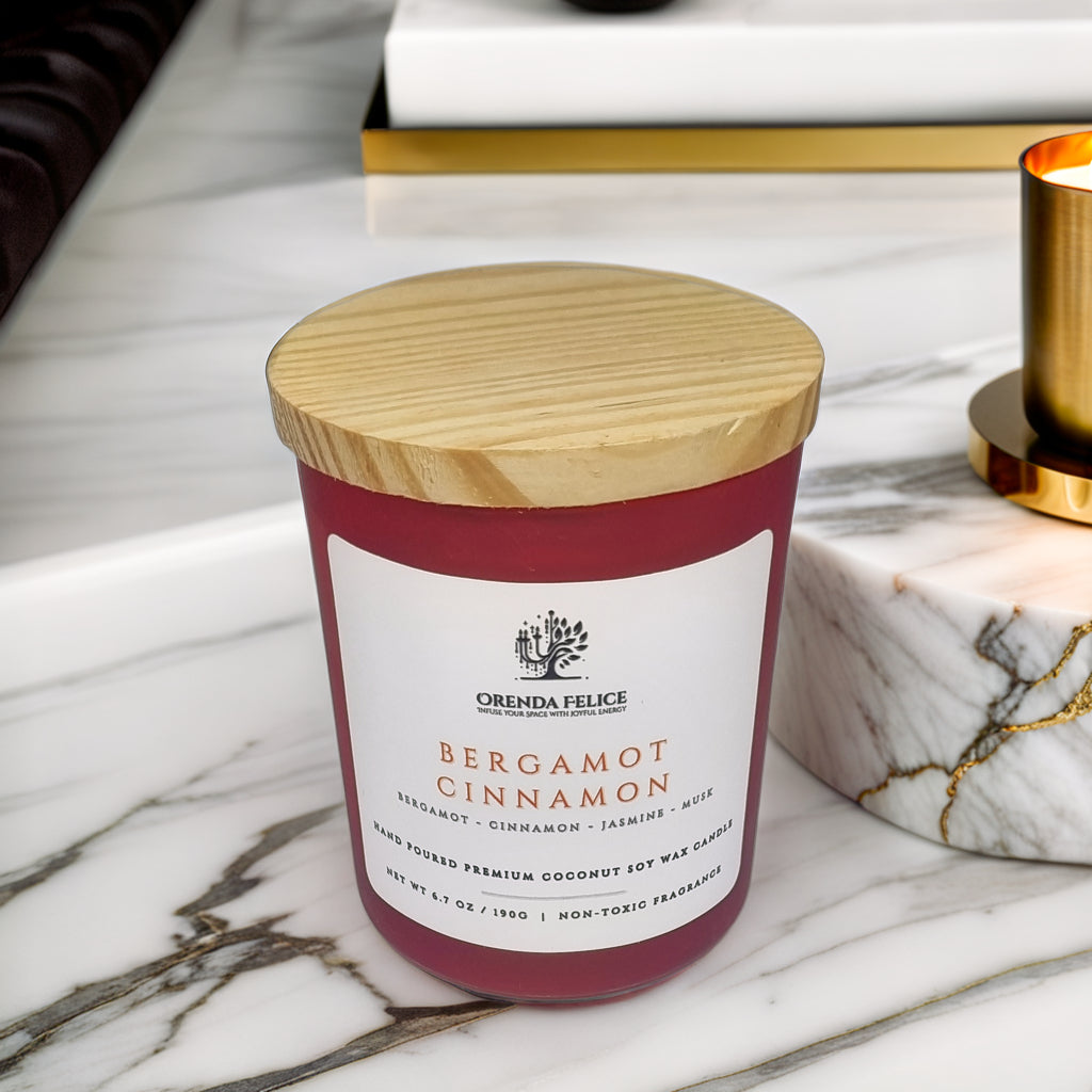Hand Poured Premium Coconut Soy Wax Glass Candle | Bergamot Cinnamon | 30-35 Hours | 190 grams | Scented Candle | Wooden Wick Candle