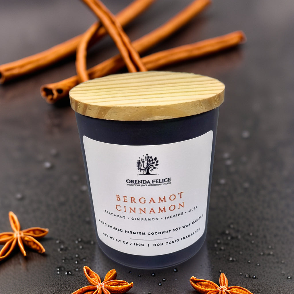 Hand Poured Premium Coconut Soy Wax Glass Candle | Bergamot Cinnamon | 30-35 Hours | 190 grams | Scented Candle | Wooden Wick Candle