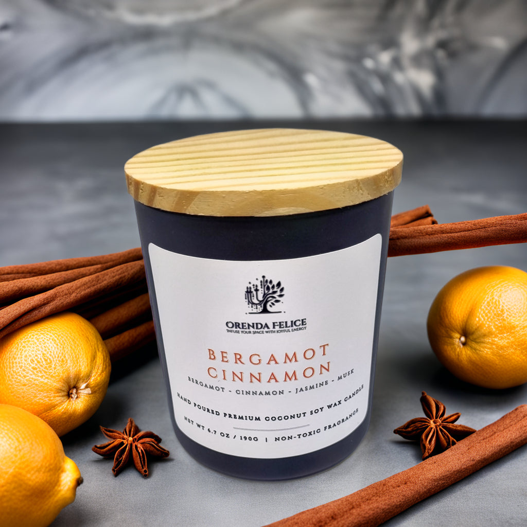 Hand Poured Premium Coconut Soy Wax Glass Candle | Bergamot Cinnamon | 30-35 Hours | 190 grams | Scented Candle | Wooden Wick Candle