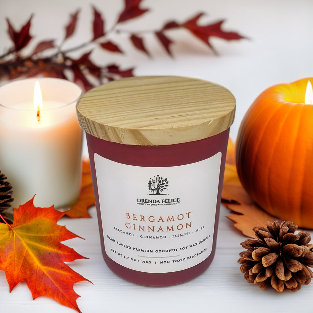 Hand Poured Premium Coconut Soy Wax Glass Candle | Bergamot Cinnamon | 30-35 Hours | 190 grams | Scented Candle | Wooden Wick Candle