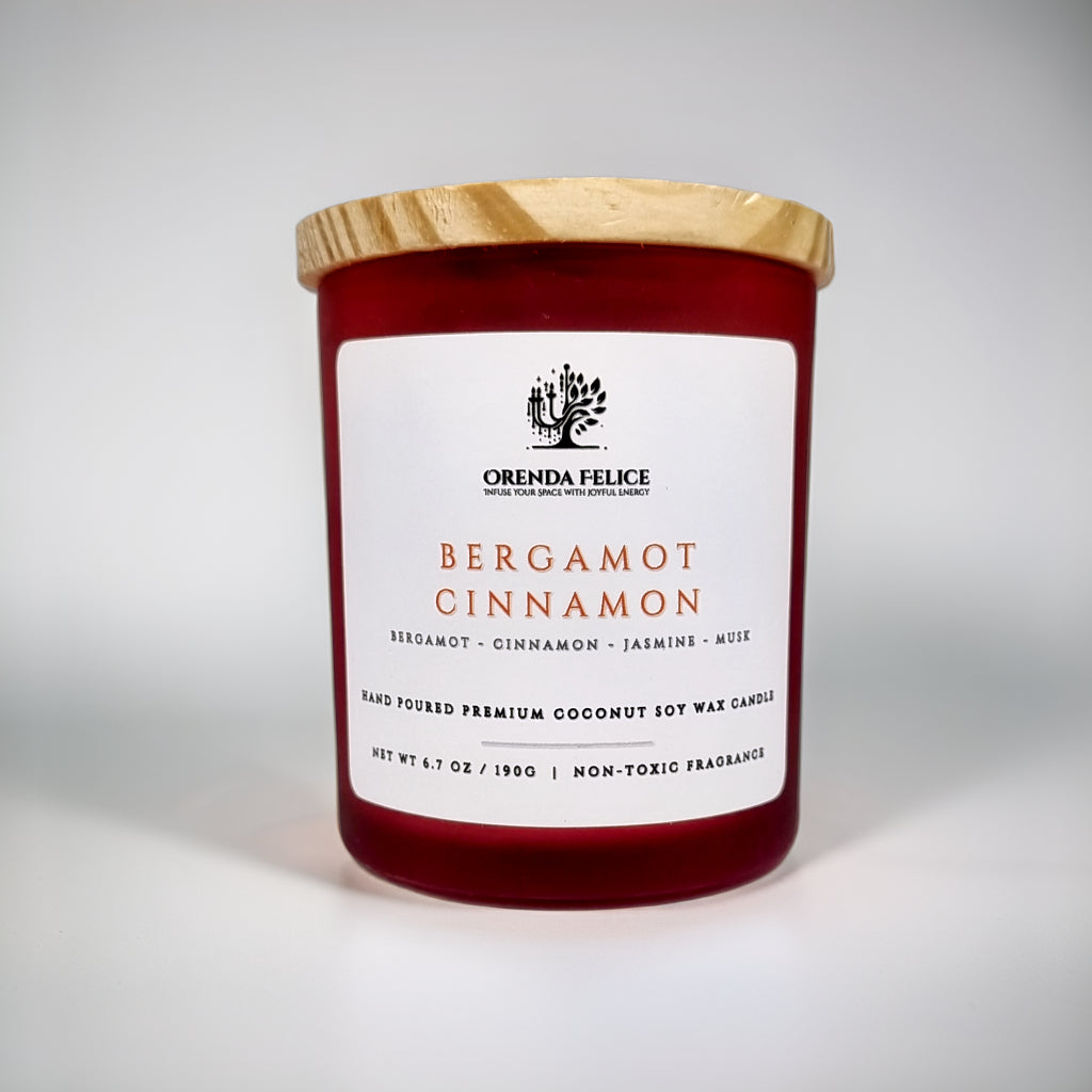 Hand Poured Premium Coconut Soy Wax Glass Candle | Bergamot Cinnamon | 30-35 Hours | 190 grams | Scented Candle | Wooden Wick Candle