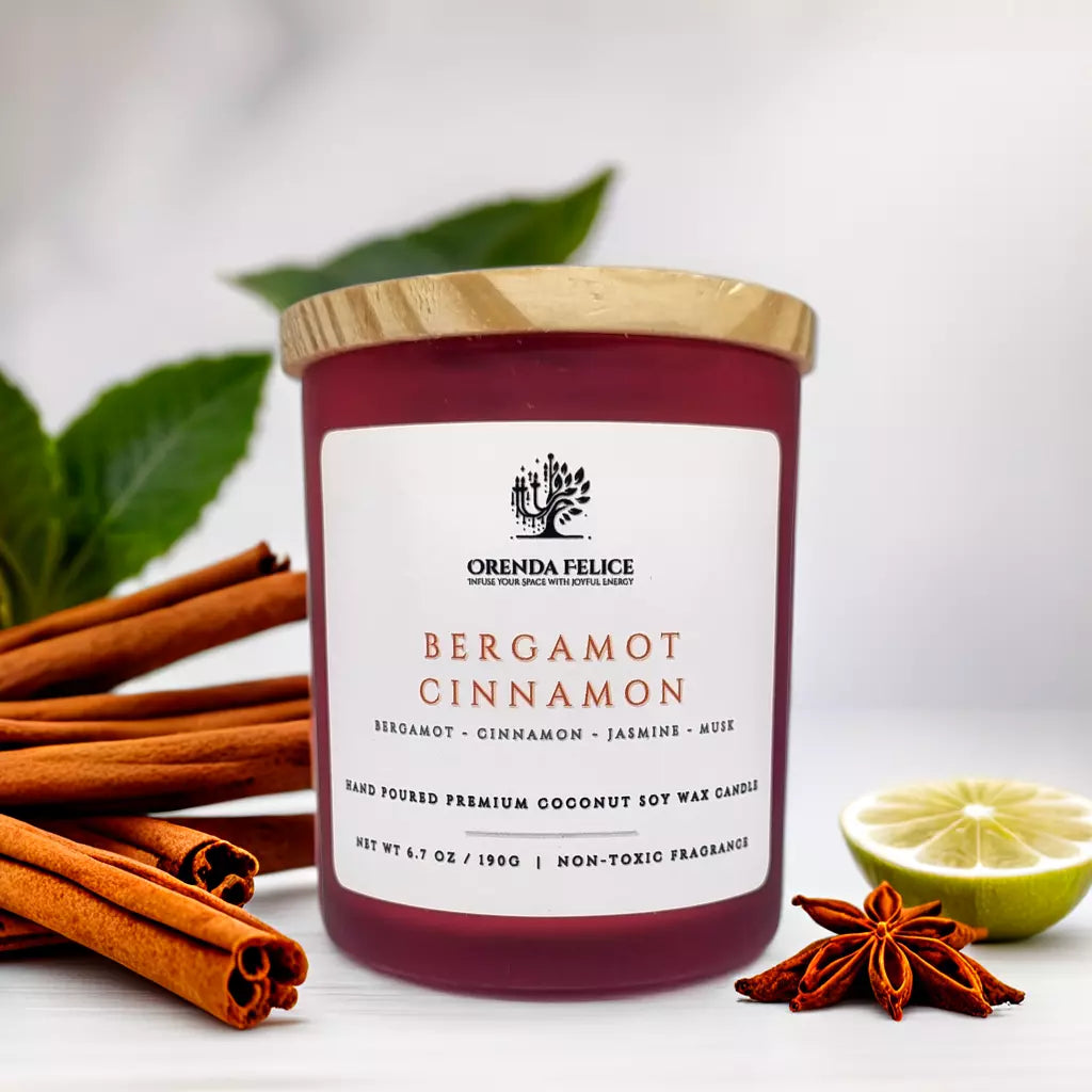 Hand Poured Premium Coconut Soy Wax Glass Candle | Bergamot Cinnamon | 30-35 Hours | 190 grams | Scented Candle | Wooden Wick Candle