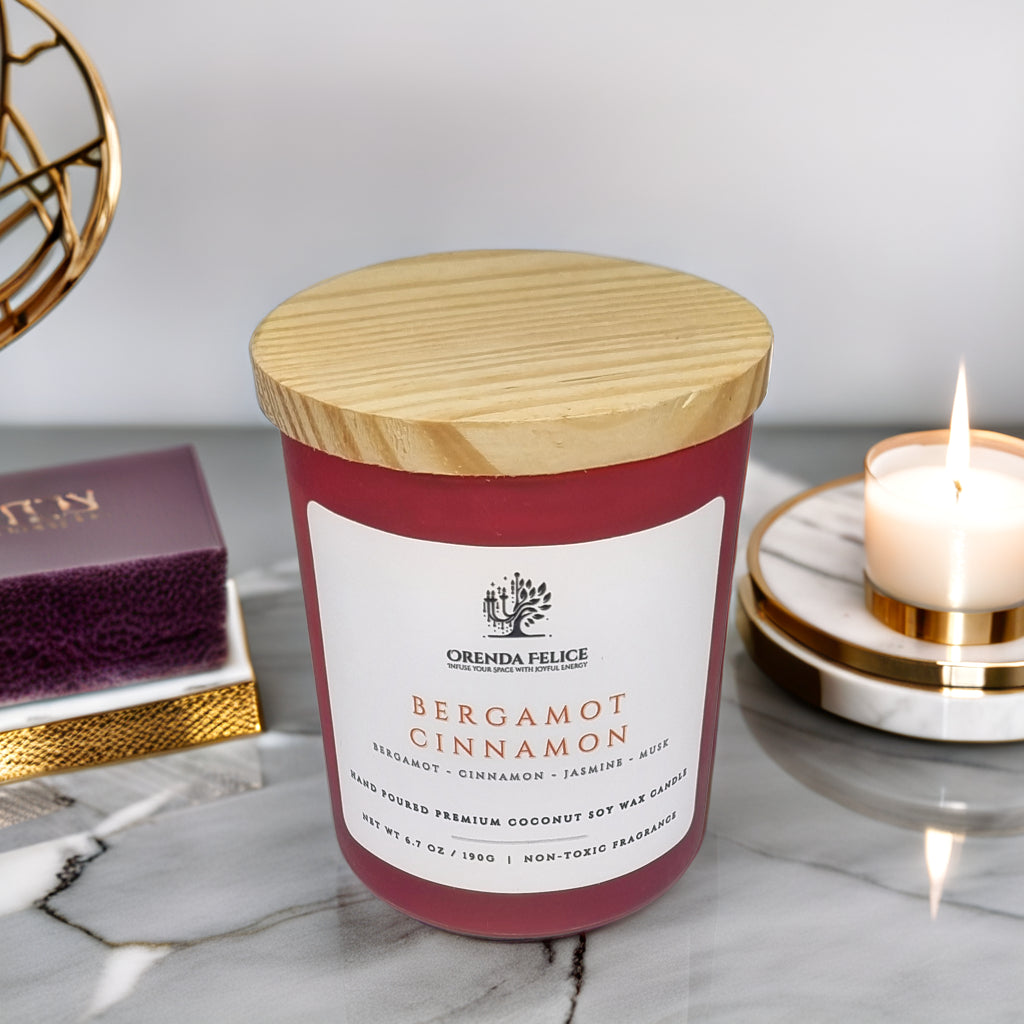 Hand Poured Premium Coconut Soy Wax Glass Candle | Bergamot Cinnamon | 30-35 Hours | 190 grams | Scented Candle | Wooden Wick Candle