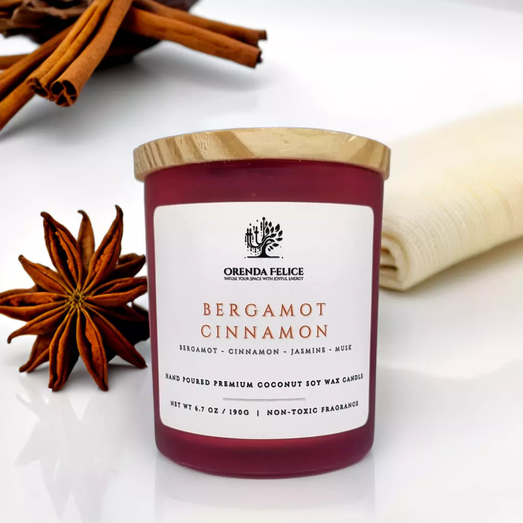 Hand Poured Premium Coconut Soy Wax Glass Candle | Bergamot Cinnamon | 30-35 Hours | 190 grams | Scented Candle | Wooden Wick Candle