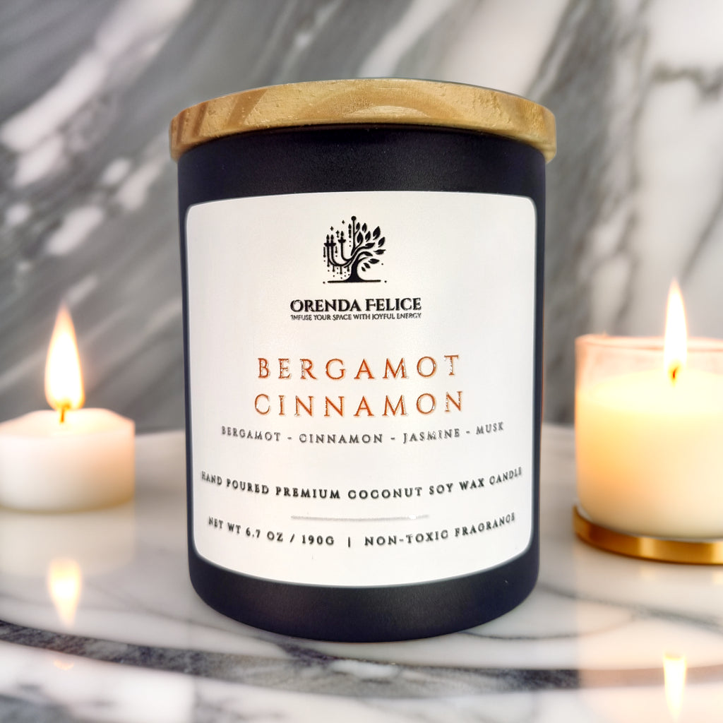 Hand Poured Premium Coconut Soy Wax Glass Candle | Bergamot Cinnamon | 30-35 Hours | 190 grams | Scented Candle | Wooden Wick Candle