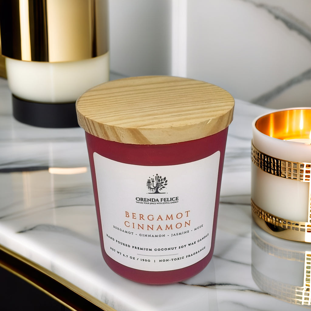 Hand Poured Premium Coconut Soy Wax Glass Candle | Bergamot Cinnamon | 30-35 Hours | 190 grams | Scented Candle | Wooden Wick Candle