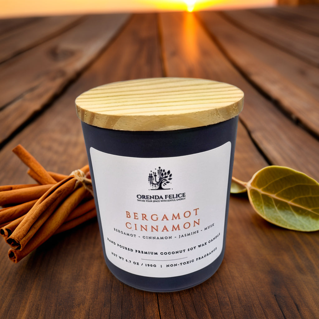 Hand Poured Premium Coconut Soy Wax Glass Candle | Bergamot Cinnamon | 30-35 Hours | 190 grams | Scented Candle | Wooden Wick Candle