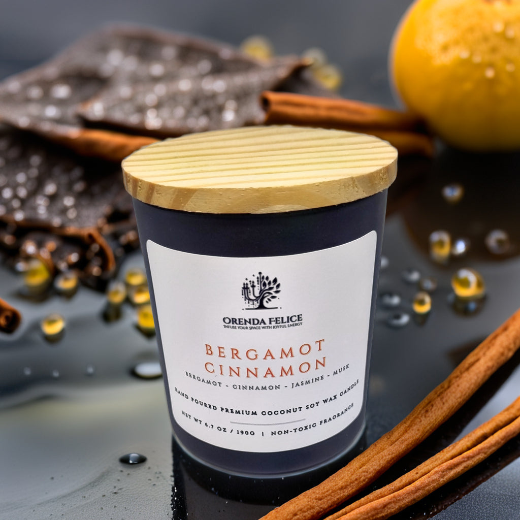 Hand Poured Premium Coconut Soy Wax Glass Candle | Bergamot Cinnamon | 30-35 Hours | 190 grams | Scented Candle | Wooden Wick Candle