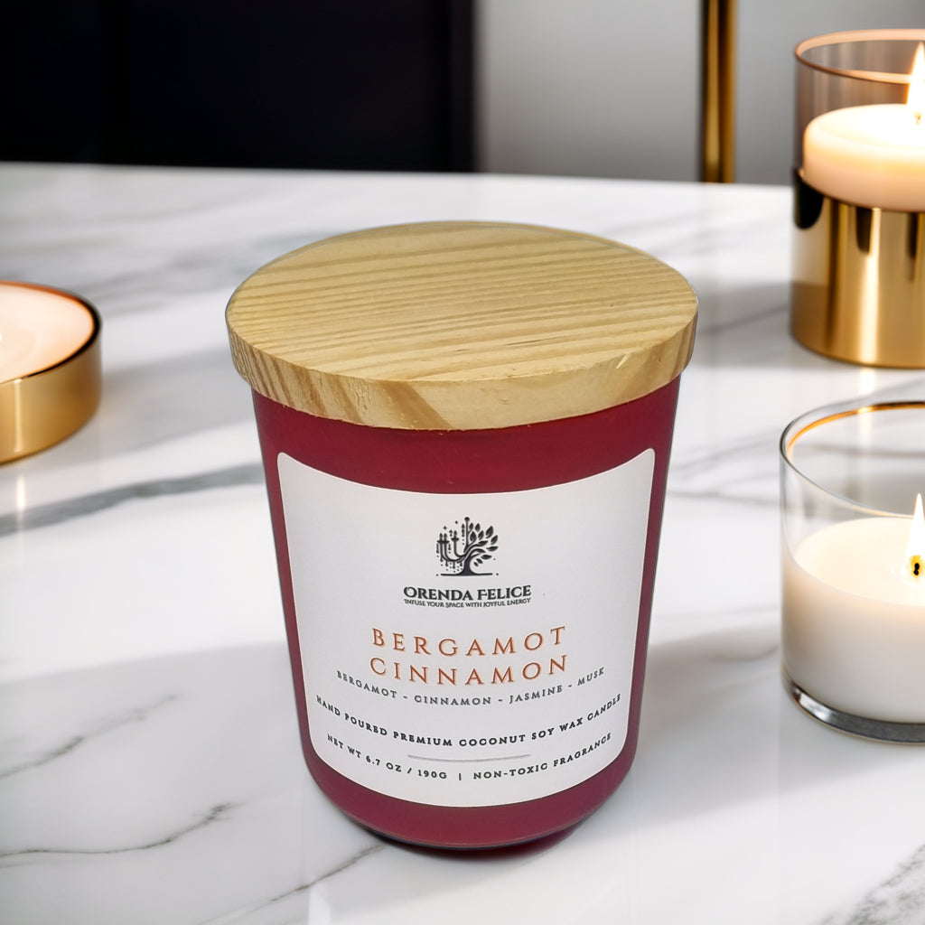 Hand Poured Premium Coconut Soy Wax Glass Candle | Bergamot Cinnamon | 30-35 Hours | 190 grams | Scented Candle | Wooden Wick Candle