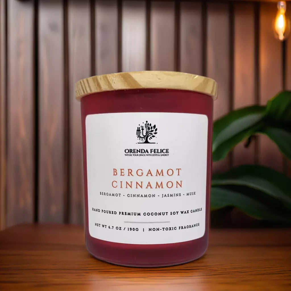Hand Poured Premium Coconut Soy Wax Glass Candle | Bergamot Cinnamon | 30-35 Hours | 190 grams | Scented Candle | Wooden Wick Candle