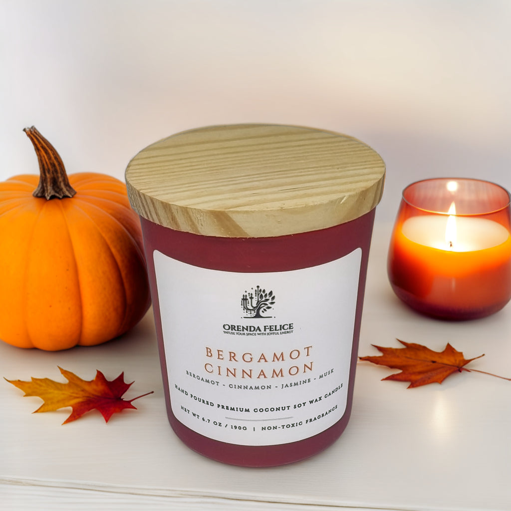 Hand Poured Premium Coconut Soy Wax Glass Candle | Bergamot Cinnamon | 30-35 Hours | 190 grams | Scented Candle | Wooden Wick Candle