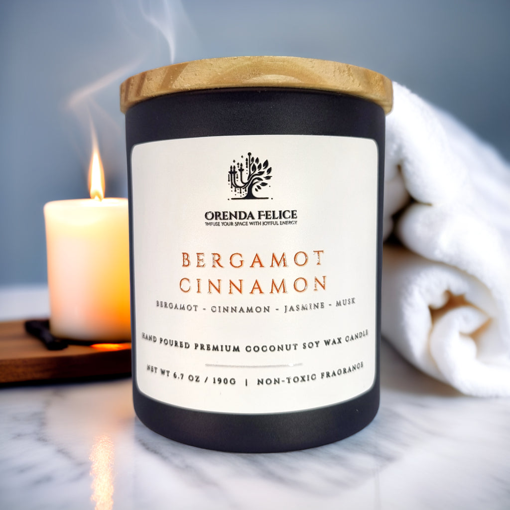Hand Poured Premium Coconut Soy Wax Glass Candle | Bergamot Cinnamon | 30-35 Hours | 190 grams | Scented Candle | Wooden Wick Candle