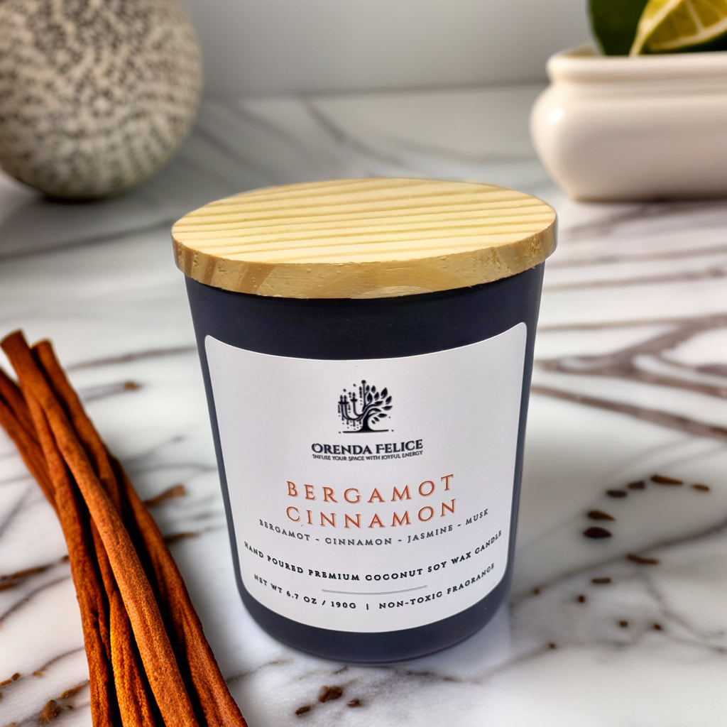 Hand Poured Premium Coconut Soy Wax Glass Candle | Bergamot Cinnamon | 30-35 Hours | 190 grams | Scented Candle | Wooden Wick Candle